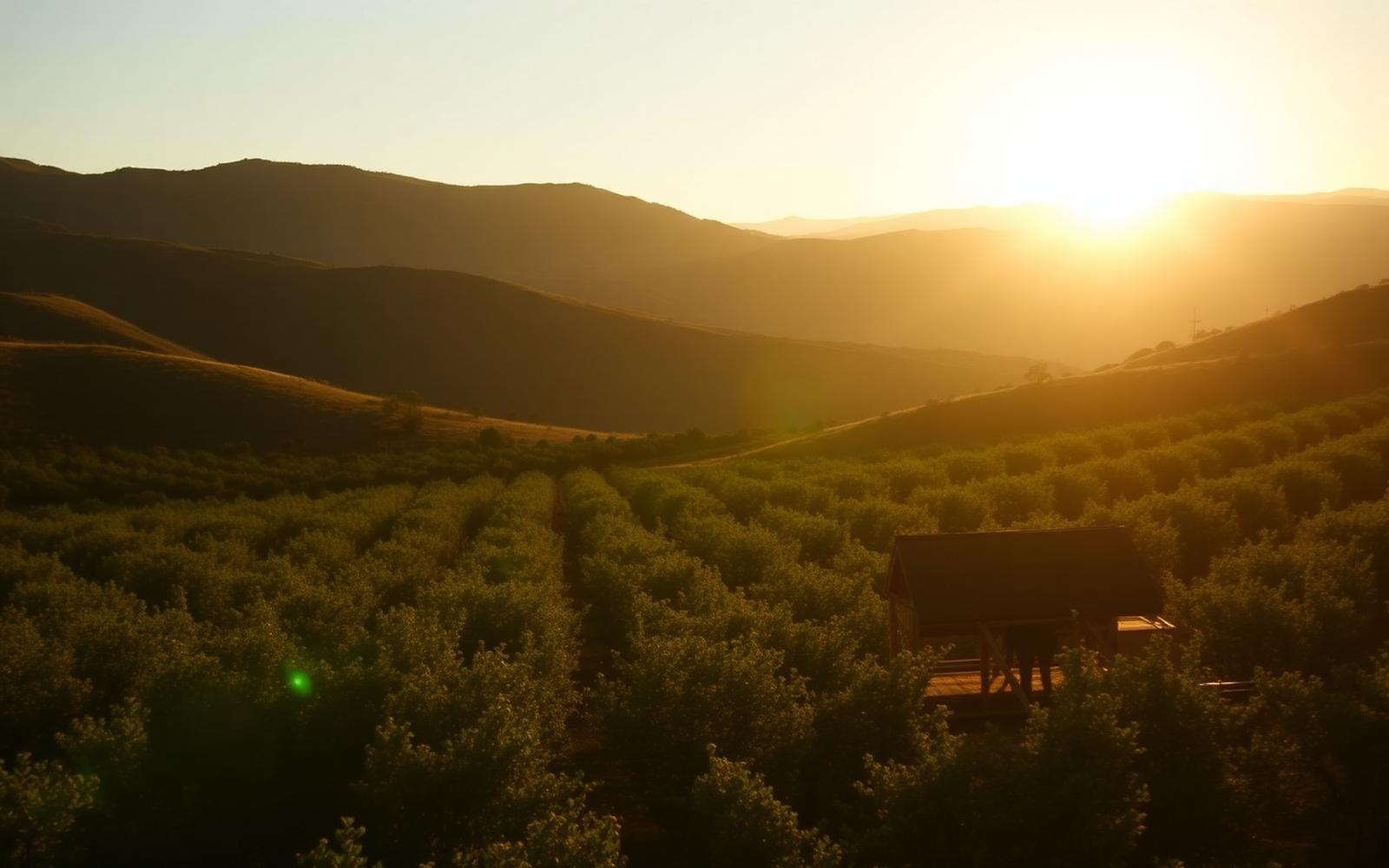 Spanish countryside with citrus orchards at golden hour